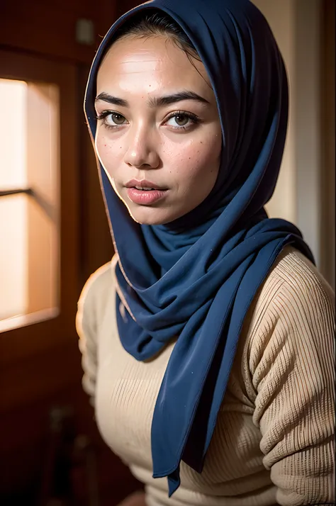 a matured malay woman in the style of nocturne, wearing hijab, dreamy atmosphere, dark cyan and red, i cant believe how beautiful this is, serene atmosphere, piles/stacks, flickering light, epic realistic, broken old boat in big storm, illustrated by herg,...