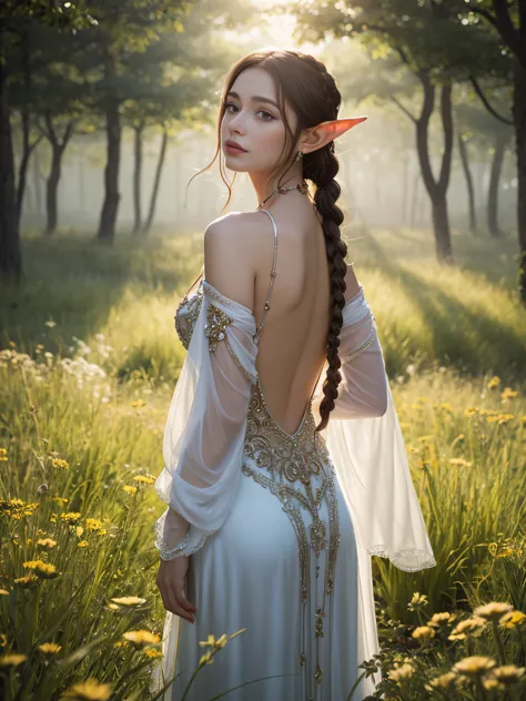 A graceful elf girl stands in a meadow, her delicate features illuminated by the soft light of the setting sun. Her long, flowing hair cascades down her back, adorned with intricate braids and adorned with sparkling jewels. This stunning painting captures ...