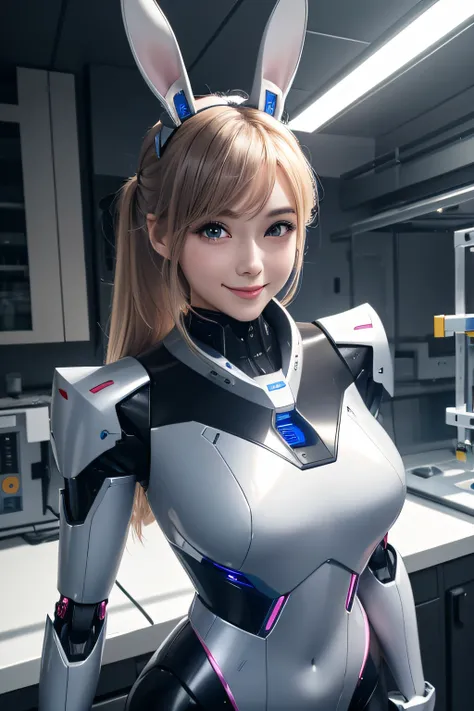 The Man Remade into a Bunny Girl Robot。Beautiful looking female bunny girl robot　Stand in a laboratory-like place、Next to him was a middle-aged man in a suit.、Turn him into a robot and smile