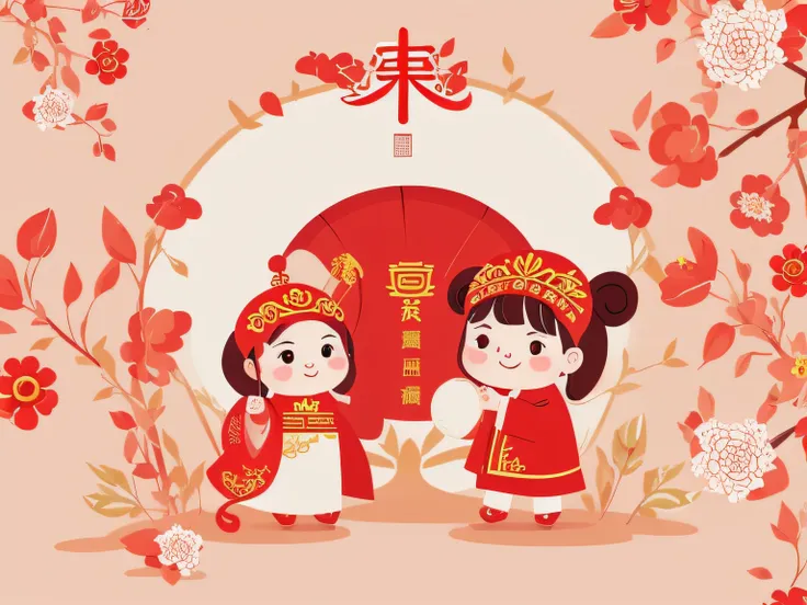 chinese new year wallpaper for instagram, in the style of charming character illustrations, light red and beige, lit kid, refere...