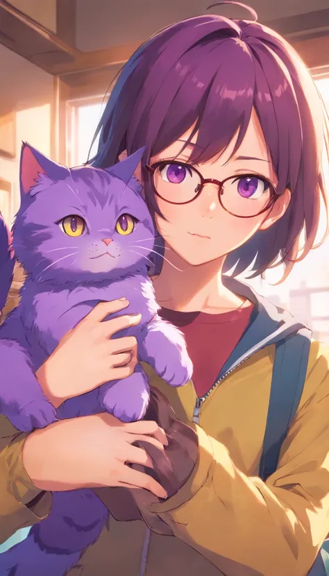 self-shot，Upper body photo，Holding a purple cat head doll，Makoto Shinkai anime，The boy does not wear glasses，