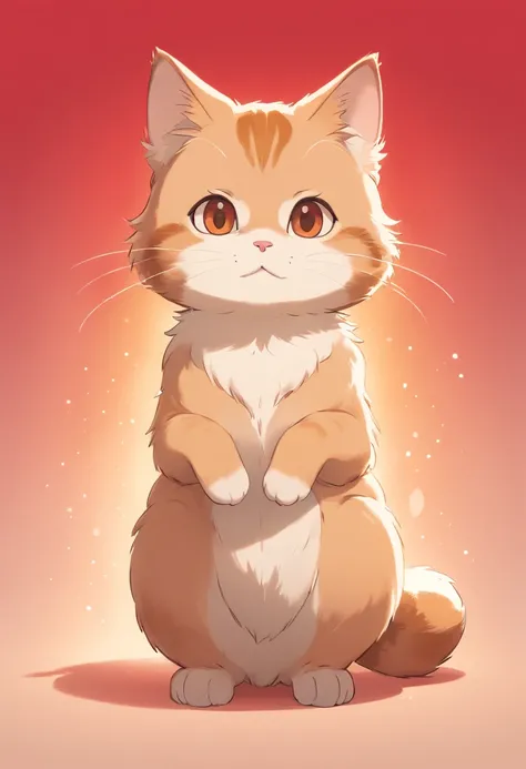 2D chibi character of a light brown European cat，White chest，Hands on the wall，red gradient background