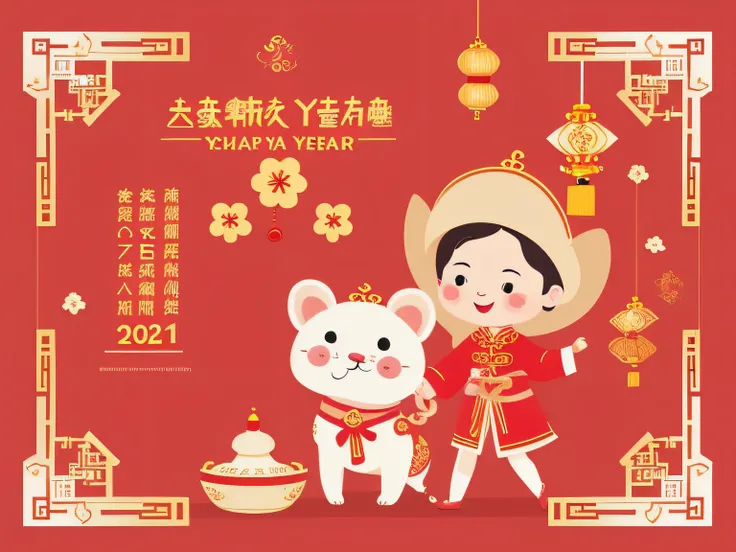 chinese new year wallpaper for instagram, in the style of charming character illustrations, light red and beige, lit kid, referential painting, cranberrycore, raw character, white background