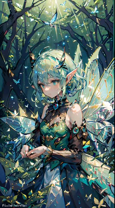 1 girl,solo,(floating and flying:1.2),(fairy_wings:1.6),(elf ears:1.3),(detached_wings:1.2),beautiful,(sparse forest),green hair...