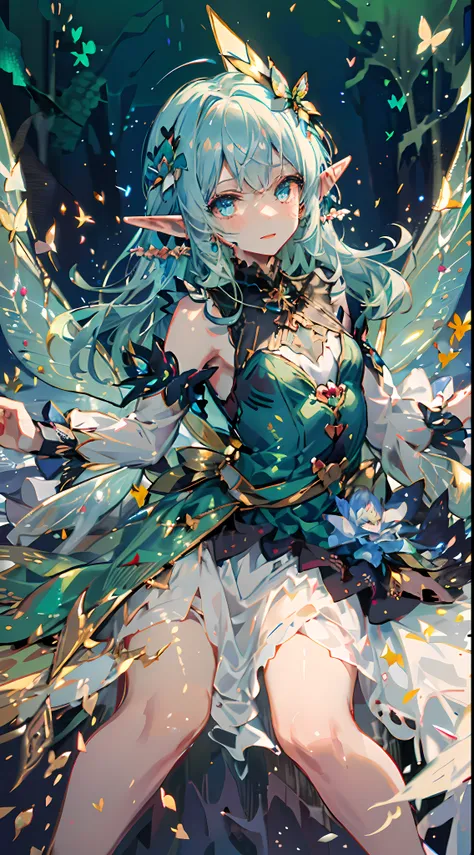 1 girl,solo,(floating and flying:1.2),(fairy_wings:1.6),(elf ears:1.3),(detached_wings:1.2),beautiful,(sparse forest),green hair...