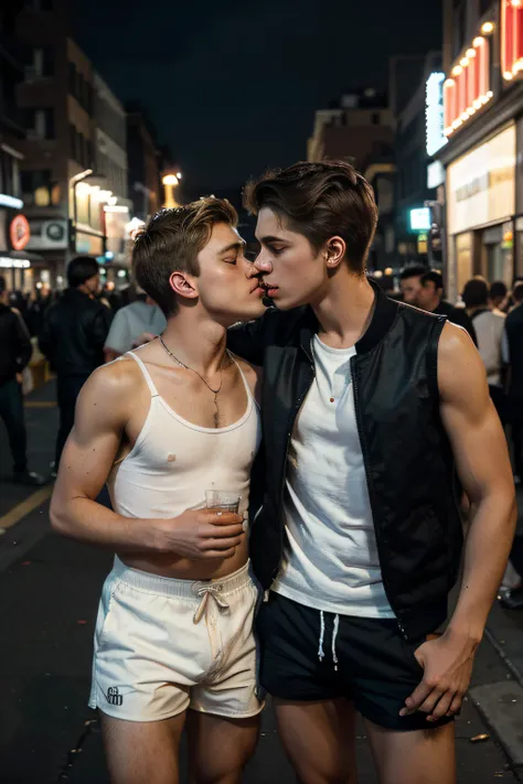 Two Caucasian  gay beatiful shirtlees teenboys ,white skin, blond dark hair, dress fit short,big bulge, kisses through a night street in Harlem , warm night. Their youthful features and fair complexions contrast against the backdrop of the urban setting. T...