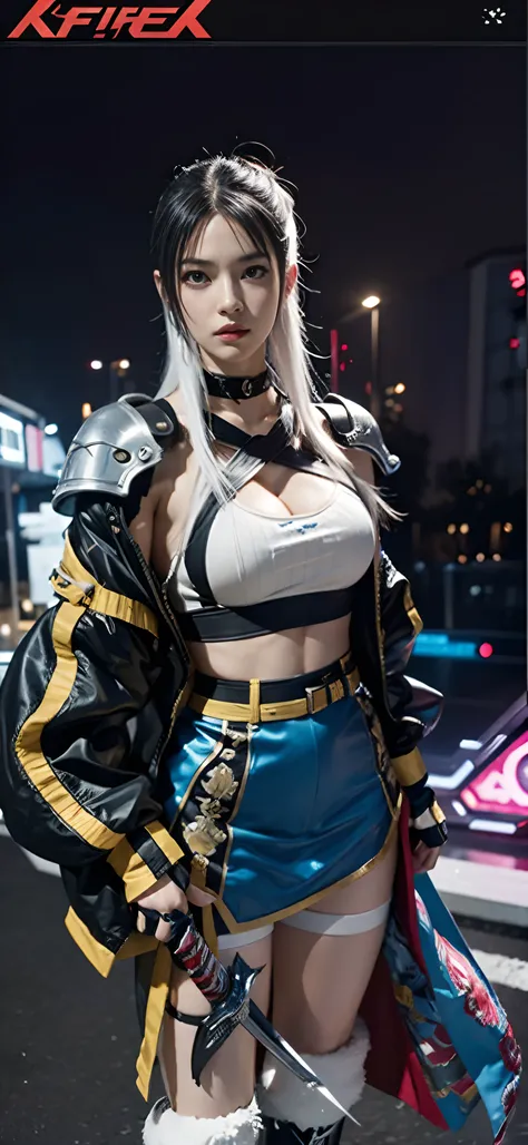 a close up of a person in a costume with a sword, as a character in tekken, female character, tifa lockhart with white hair, katana zero video game character, lunar themed attire, kda, slim body, cyborg - girl with silver hair, upper body avatar, fashion g...