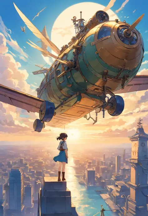 Chinese ink style，Steampunk world，Girl piloting steampunk flying machine，Suspended in the air of the city，Thick clouds，Ink animation art，Comic ink art，water ink，shadowing，dyeing，8K，Delicate depiction，Works of masters，