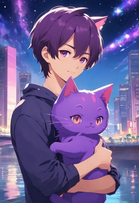 1 Man holding a purple cat-headed doll，Boy with purple cat ears，masks，The background is a river of bright stars, wearing a black t-shirt