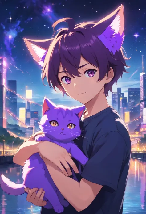 1 Man holding a purple cat-headed doll，Boy with purple cat ears，masks，The background is a river of bright stars, wearing a black t-shirt