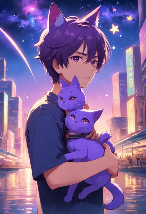 1 Man holding a purple cat-headed doll，Boy with purple cat ears，masks，The background is a river of bright stars, wearing a black t-shirt