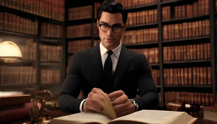 In the background, there is a bookcase with a book. Images must be elegant and high quality. A book is open on the desk and the man is looking at the camera. He has short black hair and a handsome face from the East. Im wearing a neat suit and glasses. The...