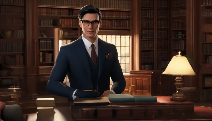 In the background, there is a bookcase with a book. Images must be elegant and high quality. A book is open on the desk and the man is looking at the camera. He has short black hair and a handsome face from the East. Im wearing a neat suit and glasses. The...