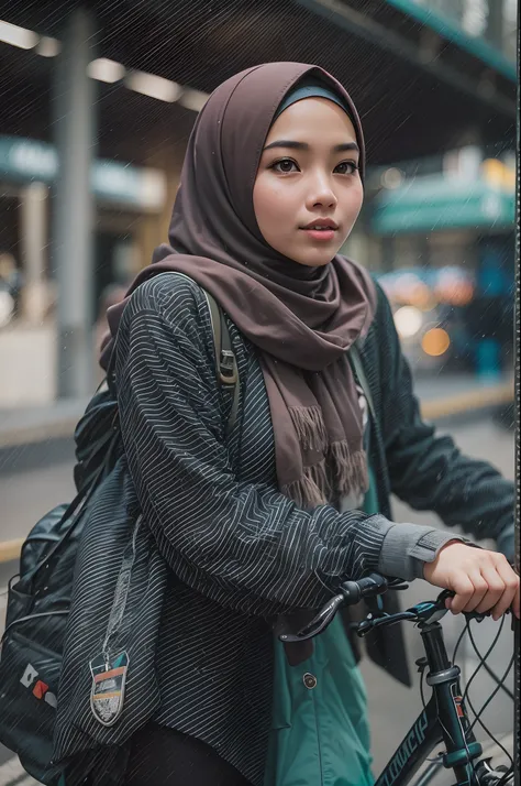 Photograph a Malay girl in hijab as she navigates the urban jungle, confidently commuting to work or school, showcasing her modern lifestyle in the heart of the city.