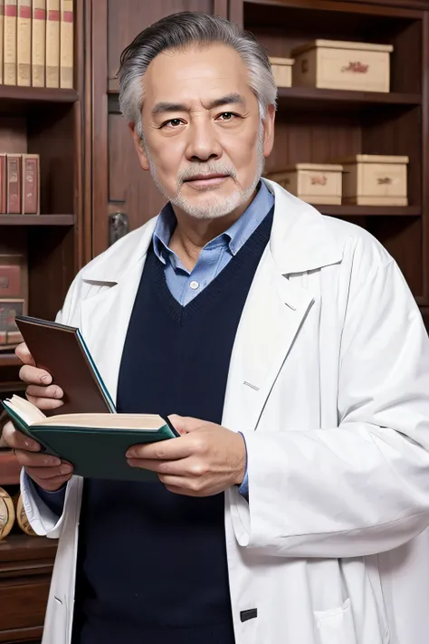 Chinese image，Real frontal photos，Authentic background，Pharmacy，holding books，Manteau blanc，Face full of wrinkles，TCM image，Wise eyes，male people