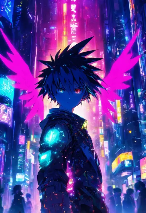 In Cyber punk city, a small boy standing in angle appearance having angle wings on his back and glowing ring over his head , his dress can reflect lights around, side portrait,half body, in crowd looking straight, Cyber punk city lighting in background, 3d...