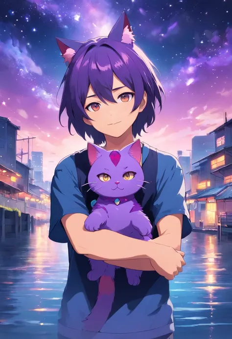 1 Man holding a purple cat-headed doll，The cat looks pathetic，Boy with purple cat ears，masks，The background is a river of bright stars, wearing a black t-shirt