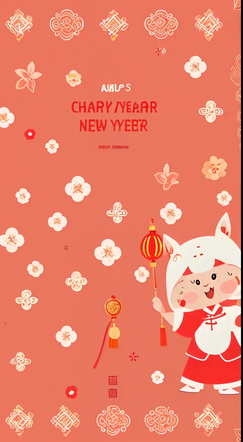 chinese new year wallpaper for instagram, in the style of charming character illustrations, light red and beige, lit kid, referential painting, cranberrycore, raw character, white background