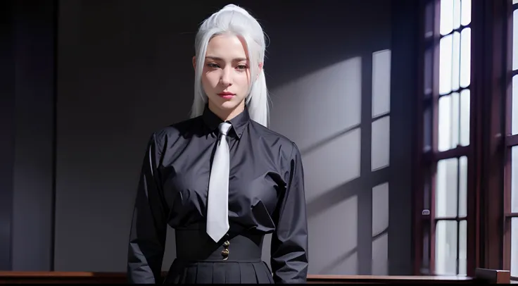 meimei2, 1woman, ponytail, black shirt, necktie, high-waist skirt, buttons, long skirt, extremely beautiful face, realistic, detailed face, narrow eyes, ((solo)), white hair, ((upper body)), beauty, exquisite face