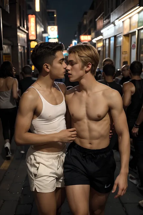 Two Caucasian gay beatiful undress teenboys ,white skin, blond dark hair, kisses through a night street in Harlem , warm night. Their youthful features and fair complexions contrast against the backdrop of the urban setting. The image, which could be a pho...