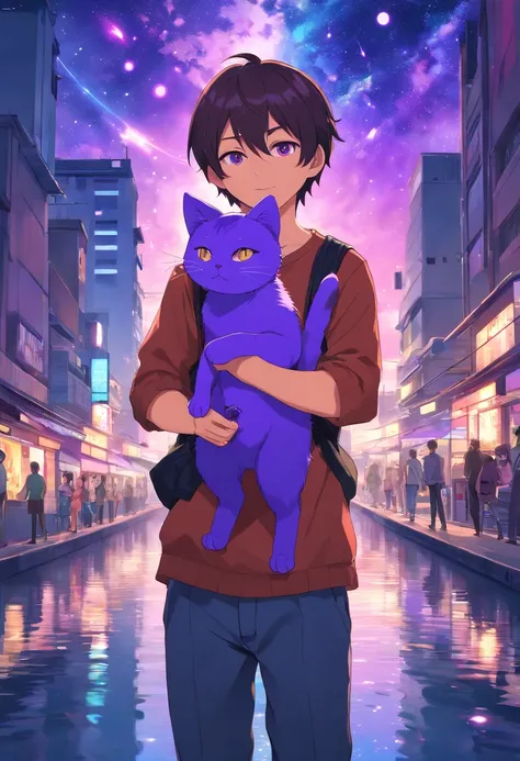 1 Man holding a purple cat head and bodyless doll，Boy with purple cat ears，masks，The background is a river of bright stars, wearing a black t-shirt，carrying a black school bag，The eyes are full of pity