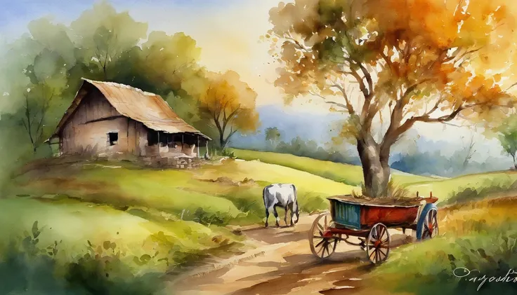 Clipart, A farm house under the big tree beside the stream, Sunrise, bullock cart ,  Oil painting, classic style, rich colors, brushstrokes, vibrant textures, expressive portraits, dynamic composition, capturing light and shadow, artistry, timeless beauty,...