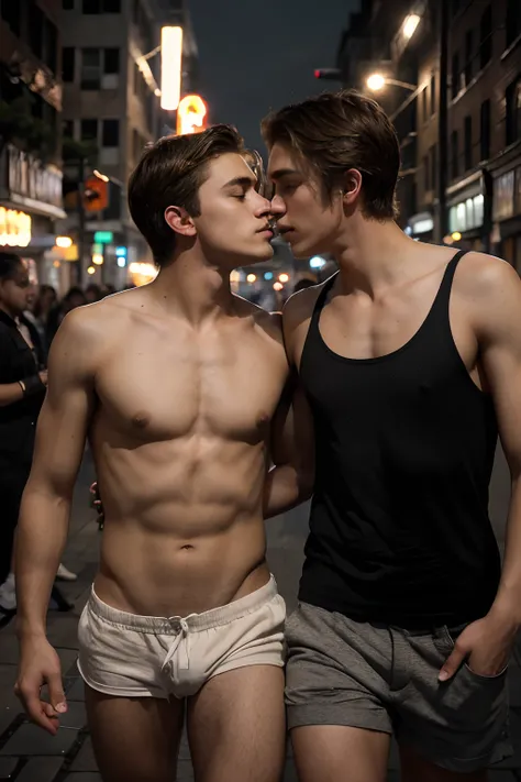 Two Caucasian gay beatiful  teenboys ,white skin, blond dark hair, dreesing underwear, kisses through a night street in Harlem , warm night. Their youthful features and fair complexions contrast against the backdrop of the urban setting. The image, which c...