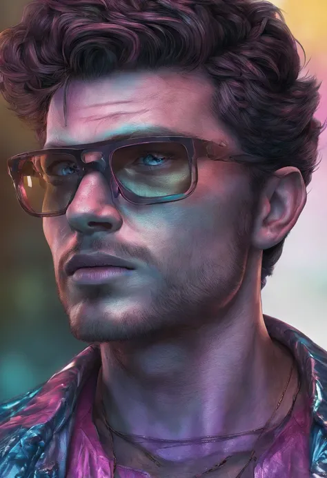 , tema colorido, Synthwave Sky,(best quality, alta qualidade, high resolution), Realistic, ultra-detalhado, highly detailed face features, absurdos,  realistic lighting and reflections, highly detailed face features, see through shirt, melhor foto,High qua...