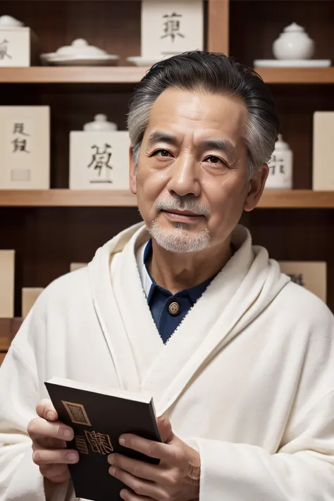 Chinese image，Real frontal photos，Authentic background，Pharmacy，holding books，Manteau blanc，Face full of wrinkles，TCM image，Wise eyes，male people