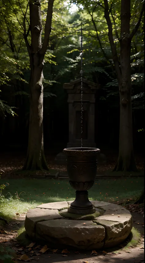 fabled Enchanted Chalice upon an ancient stone altar in mysterious forest