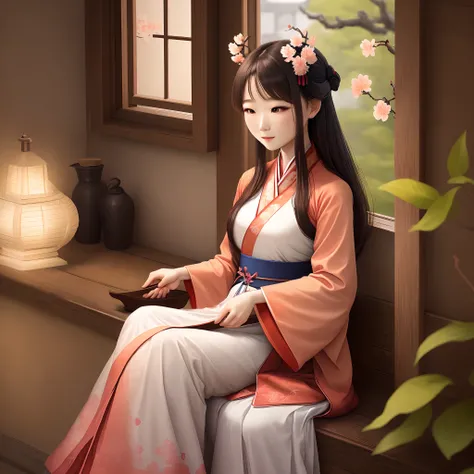 illustration，A woman wearing a peach blossom element Hanfu sits on a wooden window sill and holds a tuanfan in her hand