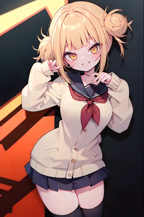 (masterpiece, best quality;1.3), ultra detailed, 1girl, solo, smile, gold hair, miniskirt, yellow cardigan, long sleeves, sailor collar, red neckerchief, black kneehighs, Himiko Toga, Himiko, Toga, Cute, Guess Face Smile, smirk, yandere, dynamic pose, dyna...