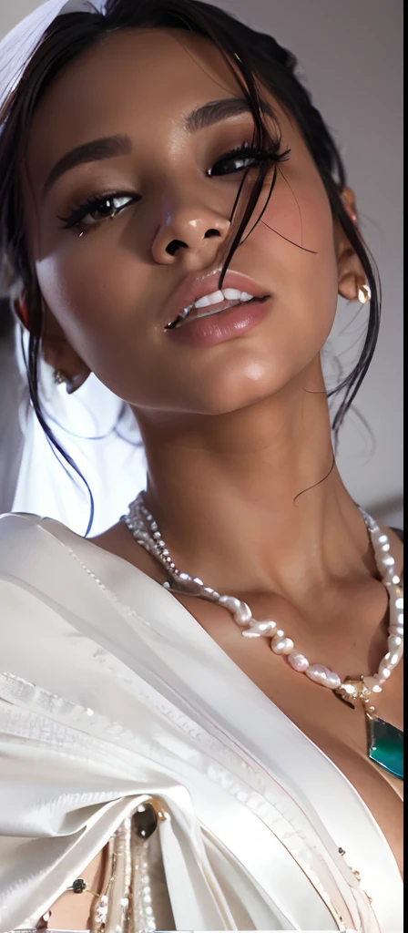 a woman in a white dress with a necklace and a necklace, diamonds around her neck, attractive neck, neck zoomed in from lips down, pearl necklace, wearing elegant jewellery, glossy surface, luxurious neckless, opulent pearl necklace, wearing choker, neck z...