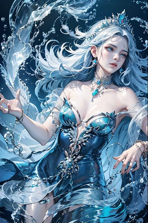 a regal ocean goddess with an east asian visage, her eyes mirroring the expansive sea. she possesses the power to manipulate wat...