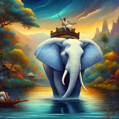 painting of an elephant with a boat on its back in a river, epic surrealism 8k oil painting, detailed painting 4 k, a beautiful artwork illustration, beautiful digital artwork, an enormous elephant king, inspired by Cyril Rolando, cyril rolando and m.w kal...