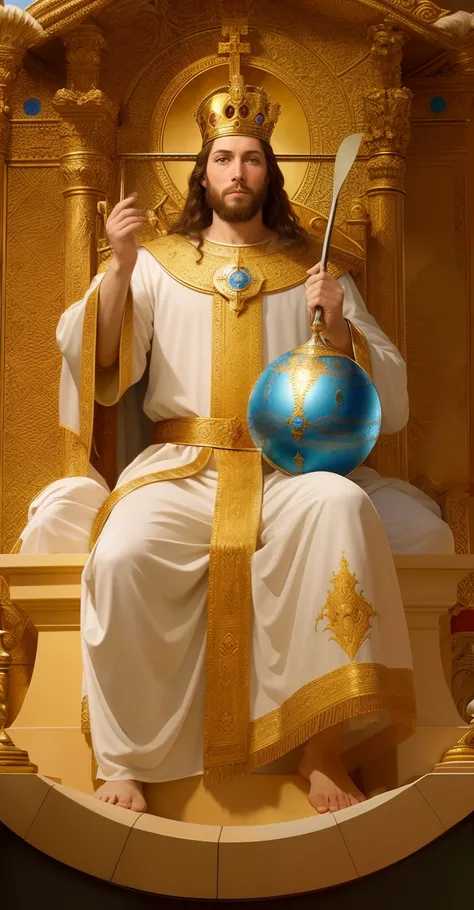 Uma pintura de Jesus sentado em um trono segurando uma bola azul, sentou-se em seu trono, sentado em um trono, Rei dos Reis, KING of Heaven, sitting on his throne in heaven, O Deus Imperador da Humanidade, por Watergate, Borguereau, Artgerm, Pedro Cristo, ...