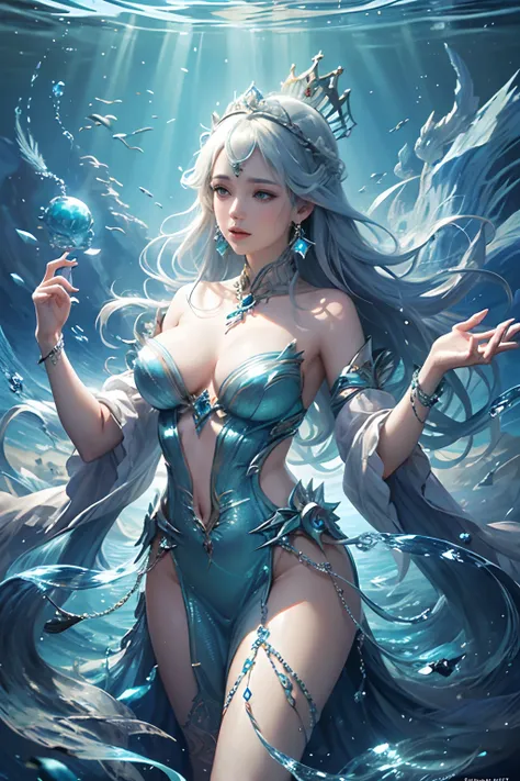 In the heart of the oceans embrace, an ethereal empress emerges. Her delicate face, reminiscent of age-old East Asian paintings, has eyes deep as the abyss, shimmering with mysteries of the fathoms below. Gossamer aqua robes flow around her, interwoven wit...