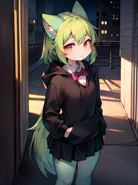 solo, kemono, female, green hair, pink eyes, wear black hoodie, wear black skirt, wear big bow tie, standing, standing in front of school, modern school background, daytime, high details