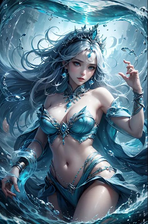 In the heart of the oceans embrace, an ethereal empress emerges. Her delicate face, reminiscent of age-old East Asian paintings, has eyes deep as the abyss, shimmering with mysteries of the fathoms below. Gossamer aqua robes flow around her, interwoven wit...