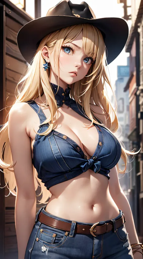 top-quality、Top image quality、​masterpiece、girl with((cute little、18year old、Best Bust、Medium bust、Bust 85,Beautiful blue eyes、Breasts wide open,Blonde long hair、A slender、Middle knot、Black tank top,Blue jeans、Wrap the belt、Serious face,Cowboy Hat、Cowboy W...