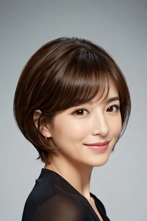 1womanl、dark brown  hair、Smooth hair、Beautuful Women、short-cut、age 30s、age 40s、Feel the age、From the neck up、smil