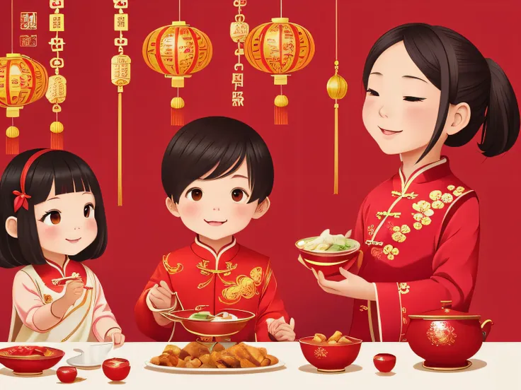 chinese new year wallpaper for instagram, in the style of charming character illustrations, light red and beige, lit child, refe...