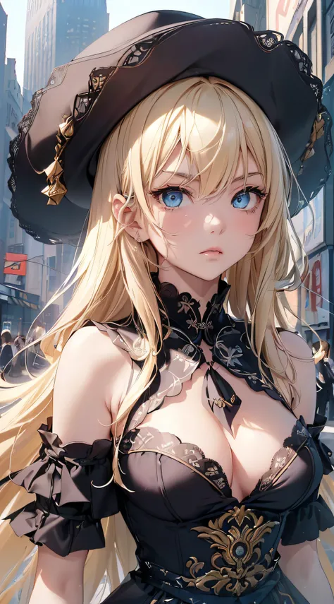 top-quality、Top image quality、​masterpiece、girl with((cute little、18year old、Best Bust、Medium bust、Bust 85,Beautiful blue eyes、Breasts wide open,Blonde long hair、A slender、Black attire、Serious face,Cowboy Hat、On the waist２Japan sword of the book、Fluttering...