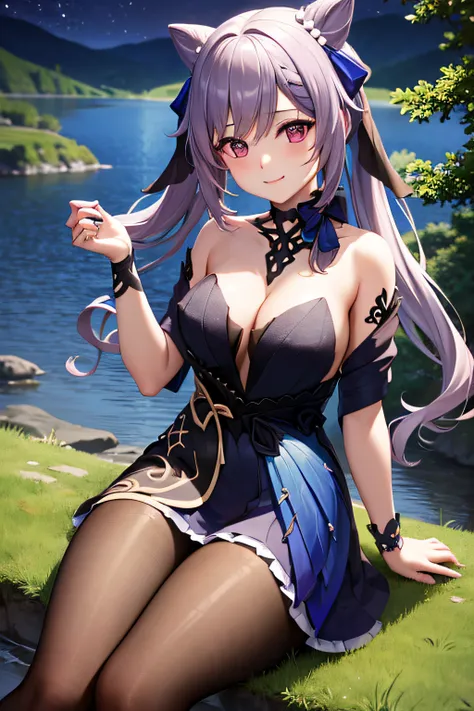 NSFW , lake , tree , sitting on rock, night , keqingopulent ,smile , detail background , boobs uncensored , show nipple