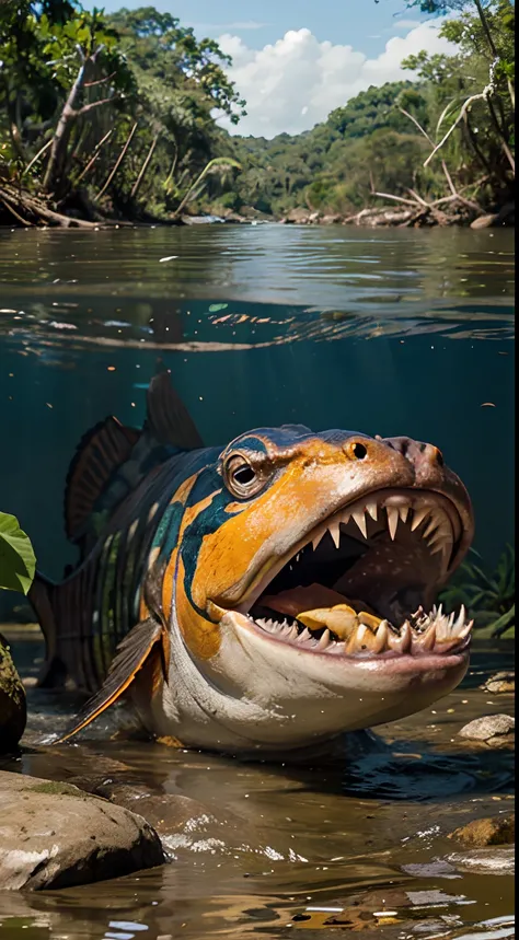 Create a visual representation of a piranhas natural habitat in the Amazon River.