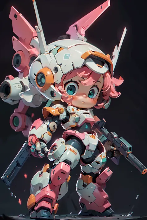 bj_cute_mech,1girl,solo,blush,blue_eyes,holding,closed_mouth,standing,full_body,weapon,pink_hair,chibi,holding_weapon,armor,aqua...