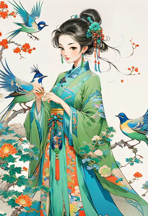 a painting of an chinese woman with a bird and colourful dress, in the style of charming anime characters, green and azure, intricate illustrations, bold, manga-inspired characters，guofeng，chinese style