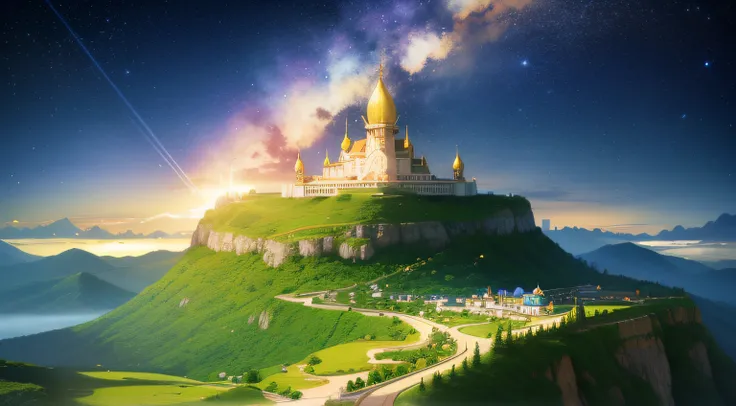 background art, far and small golden palace shining in the crest of green and rocky hill, (frogview), night sky, no orange sky, pure blue sky, starry night