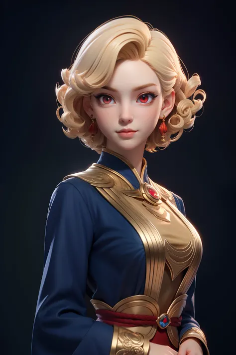 Masterpiece, Best quality, 1 girl, Red eyes, Pale skin, Blonde hair, Short hair, Curly hair, Gold earrings, jewelry, Japanese, Dark blue clothes, Simple background, Solo, Upper body