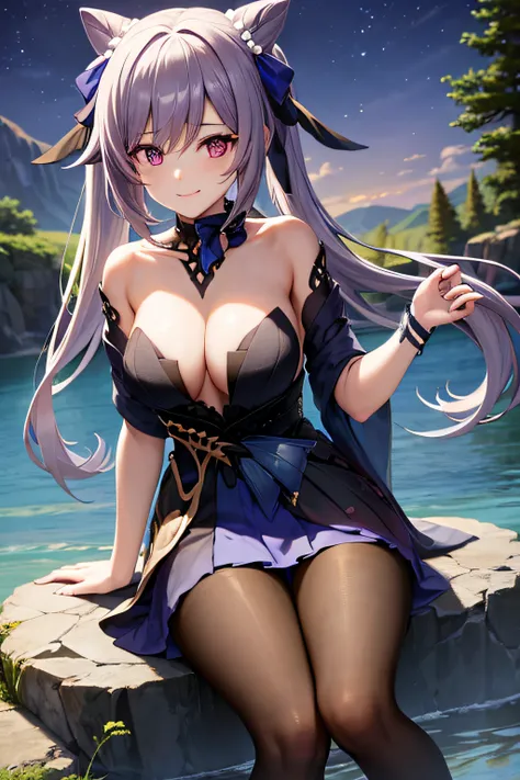 NSFW , lake , tree , sitting on rock, night , keqingopulent ,smile , detail background , NSFW , boobs uncensored , show nipple